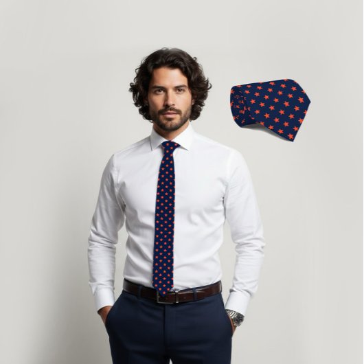 Navy Tie with Carrot-Orange Star Pattern ネクタイ