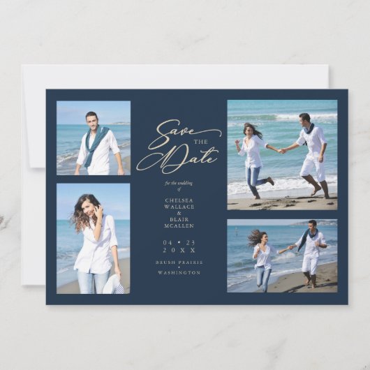 Navy Trendy Collage Wedding Save Date 4 Photos (正面)