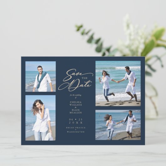 Navy Trendy Collage Wedding Save Date 4 Photos (スタンド正面)