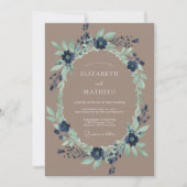 Navy Verdant Bloom Wedding 招待状 (正面)