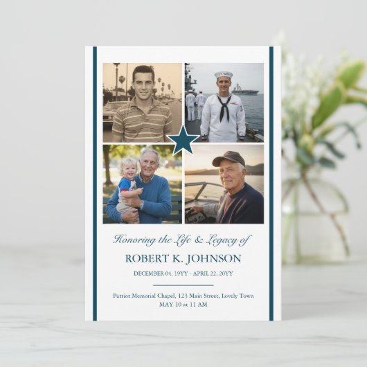 Navy Veteran 4 Photo Collage Flat Funeral Program 招待状 (スタンド正面)