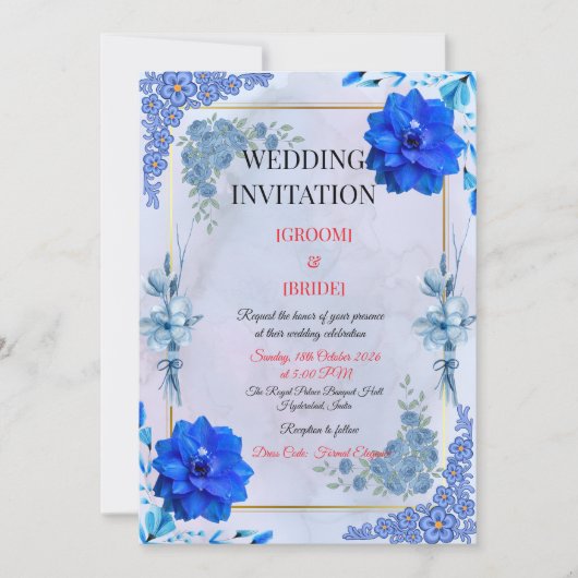 Navy Watercolor Flower Wedding Invite 招待状 (正面)