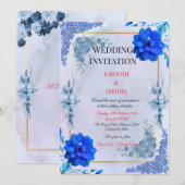 Navy Watercolor Flower Wedding Invite 招待状 (正面/裏面)