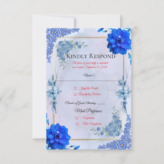 Navy Watercolor Wedding Response Card 出欠カード (正面)