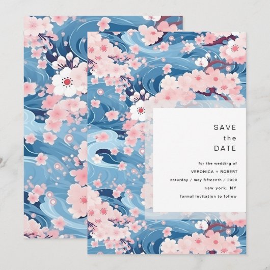 Navy Waves Sakura Blossom Modern Wedding セーブザデート (正面/裏面)