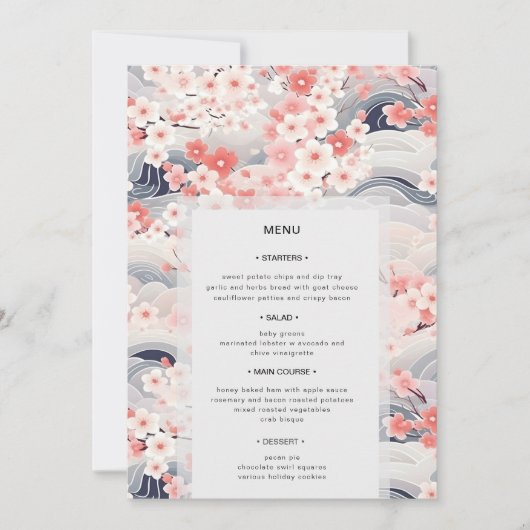 Navy Waves Sakura Floral Modern Wedding Menu 招待状 (正面)