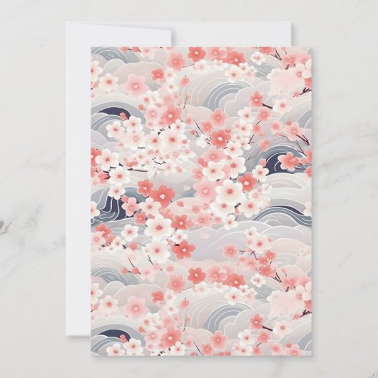 Navy Waves Sakura Floral Modern Wedding Menu 招待状 (裏面)