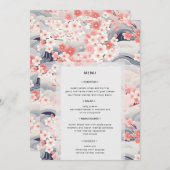 Navy Waves Sakura Floral Modern Wedding Menu 招待状 (正面/裏面)