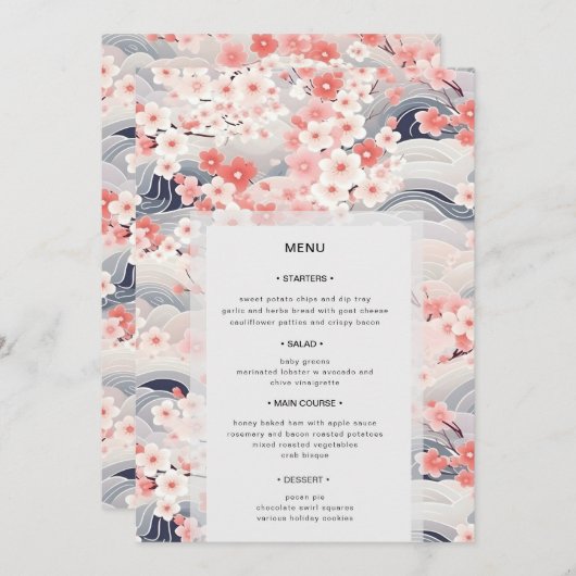 Navy Waves Sakura Floral Modern Wedding Menu 招待状 (正面/裏面)