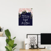 Navy wedding welcome sign pink flowers ポスター (ホームオフィス)