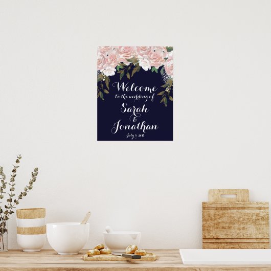 Navy wedding welcome sign pink flowers ポスター (キッチン)