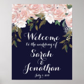 Navy wedding welcome sign pink flowers ポスター (正面)