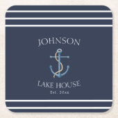 Navy White Anchor Stripe Lake House Name スクエアペーパーコースター (正面)