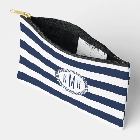 Navy & White Boating Stripe Monogram アクセサリーポーチ (見開き)
