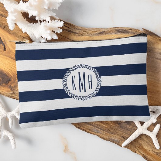 Navy & White Boating Stripe Monogram アクセサリーポーチ