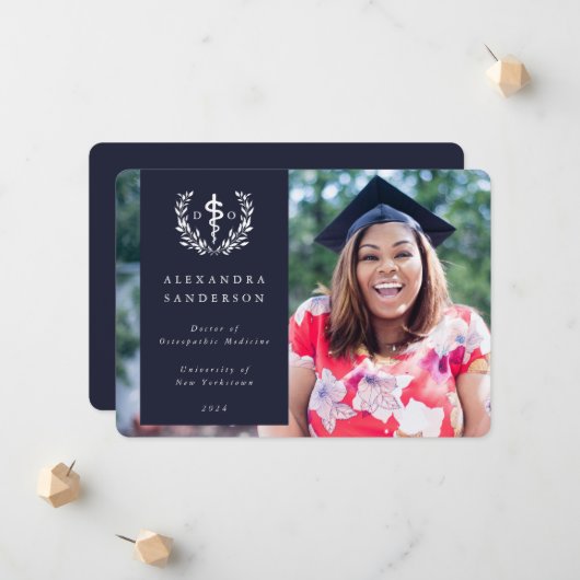 Navy+White Doctor of Osteopathic Medicine写真 案内状 (正面/裏面インサイチュ)