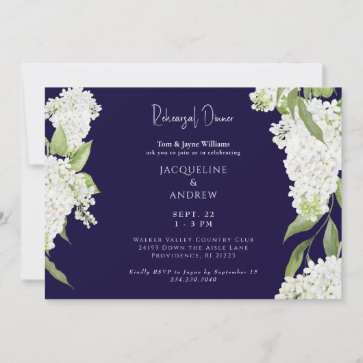 Navy White Hydrangeas Rehearsal Dinner 招待状 (正面)