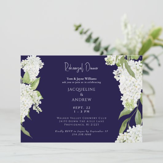Navy White Hydrangeas Rehearsal Dinner 招待状 (スタンド正面)