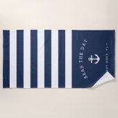 Navy & White Stripe Boat Name ビーチタオル (正面)