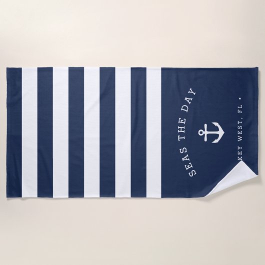 Navy & White Stripe Boat Name ビーチタオル (正面)