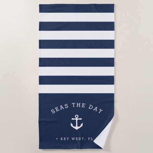 Navy & White Stripe Boat Name ビーチタオル (正面)