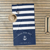 Navy & White Stripe Boat Name ビーチタオル