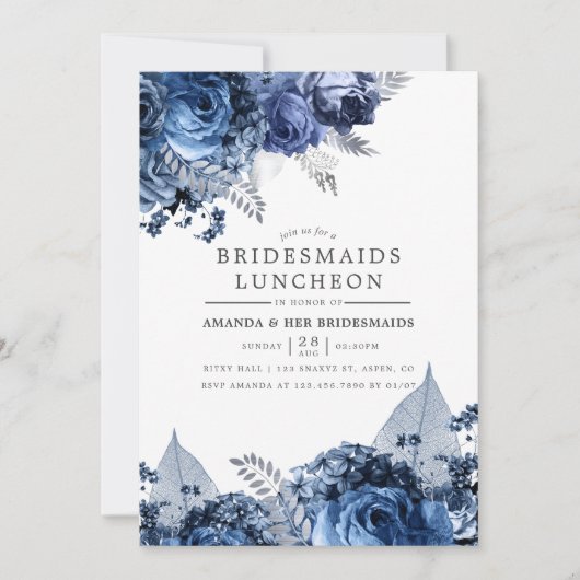 Navy & White with Silver Foil Bridesmaids Luncheon 招待状 (正面)