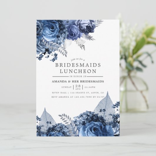 Navy & White with Silver Foil Bridesmaids Luncheon 招待状 (スタンド正面)