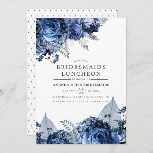 Navy & White with Silver Foil Bridesmaids Luncheon 招待状 (正面/裏面)
