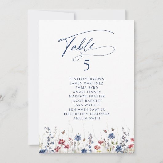 Navy Wildflower Rustic table number seating chart 招待状 (正面)