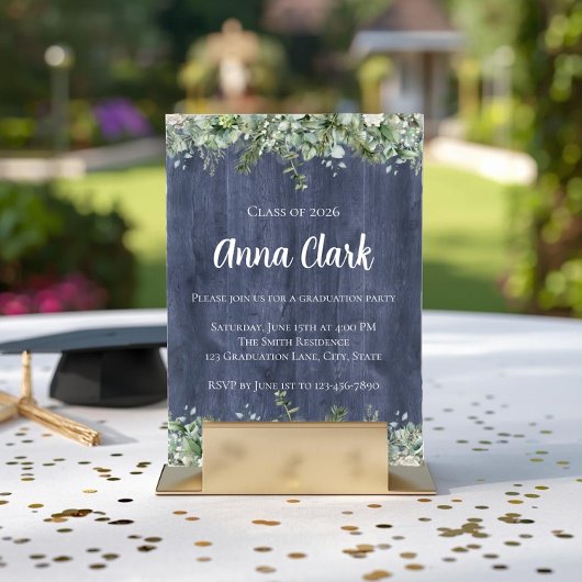 Navy Wood Eucalyptus Graduation Invitation 招待状