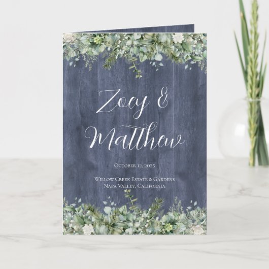 Navy Wood Eucalyptus Wedding Program | Rustic プログラム (正面)