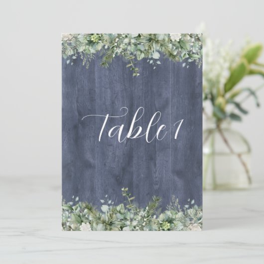 Navy Wood Eucalyptus Wedding Table Numbers 招待状 (スタンド正面)