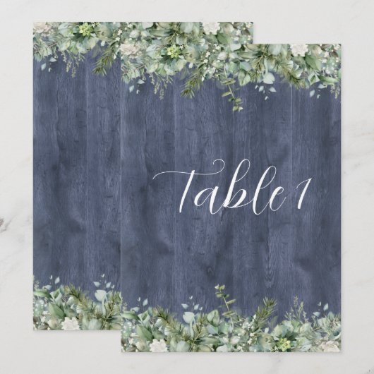Navy Wood Eucalyptus Wedding Table Numbers 招待状 (正面/裏面)