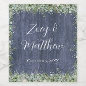 Navy Wood Eucalyptus Wedding Wine Label | Rustic ワインラベル (シングルラベル)