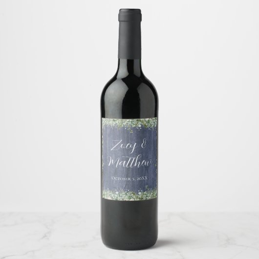 Navy Wood Eucalyptus Wedding Wine Label | Rustic ワインラベル (正面)
