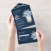 Navy Wood Mason Jar Dusty Blue Floral Wedding オールインワン招待状 (貼ってはがせる)