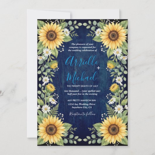 Navy Wood Sunflower Wedding Invitation Rustic 招待状 (正面)