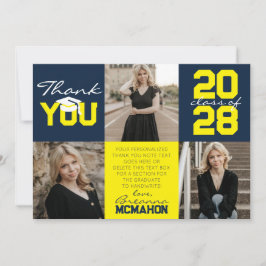 Navy & Yellow 3 Photo Graduationありがとう 招待状