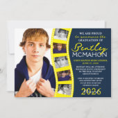 Navy & Yellow 6フォトフィルムストリップグラッドアナウンス 招待状 (正面)