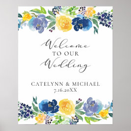 Navy Yellow and Purple Bright Floral Wedding Sign ポスター