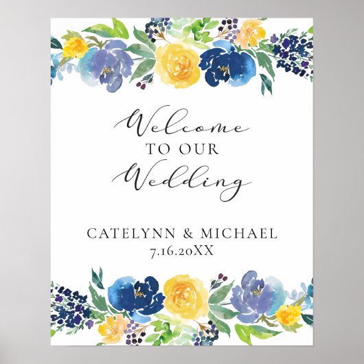 Navy Yellow and Purple Bright Floral Wedding Sign ポスター (正面)