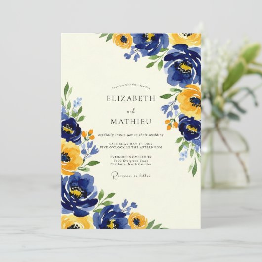 Navy Yellow Artistic Spring Wedding 招待状 (スタンド正面)