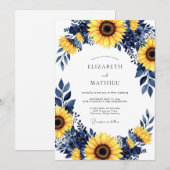 Navy Yellow Bold Sunflower Wedding 招待状 (正面/裏面)