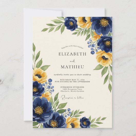 Navy Yellow Classic Botanical Wedding 招待状 (正面)
