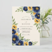 Navy Yellow Classic Botanical Wedding 招待状 (スタンド正面)