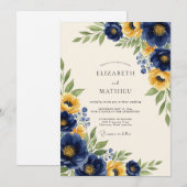 Navy Yellow Classic Botanical Wedding 招待状 (正面/裏面)