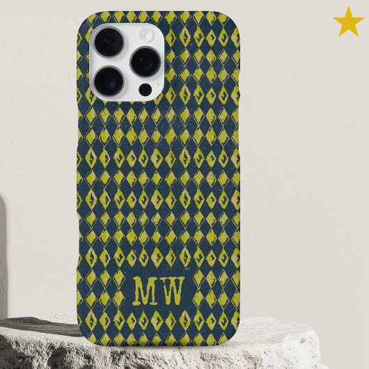 Navy Yellow Doodle Diamond Pattern Custom Monogram iPhoneケース