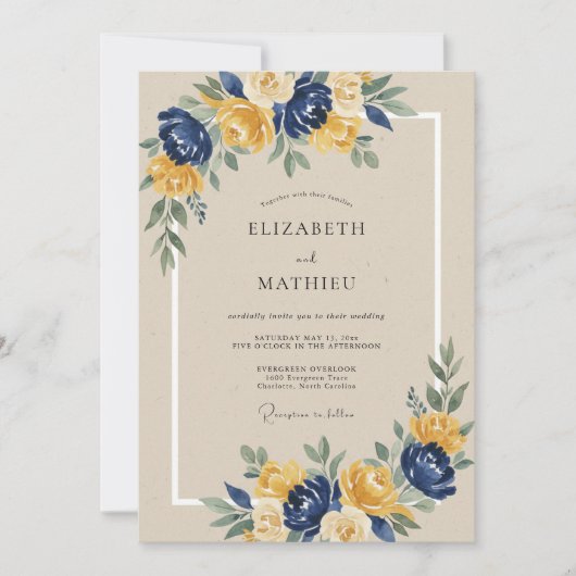 Navy Yellow Floral Arch Wedding 招待状 (正面)