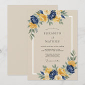 Navy Yellow Floral Arch Wedding 招待状 (正面/裏面)